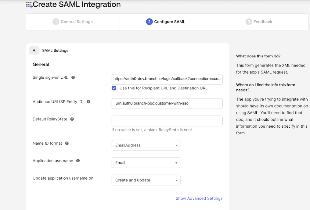 Configuration settings for SAML integration in Okta for Branch.