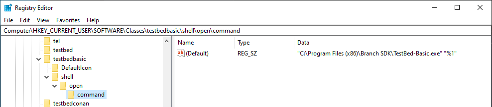 reg3.png Registry Editor showing the testbedbasic shell open command that launches TestBed-Basic.exe