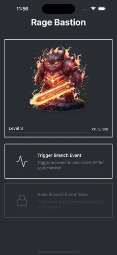 Branch Monster Factory character with level and experience points displayed on a mobile interface, and an option to trigger a Branch Event.