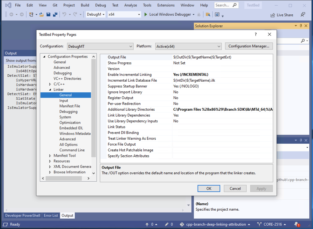 lib-path.png Linker General property page with the Branch SDK lib folder in Additional Library Directories