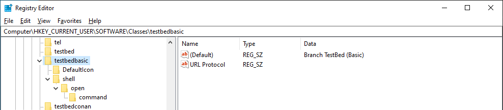 reg1.png Registry Editor showing the testbedbasic URI scheme key with its URL Protocol value