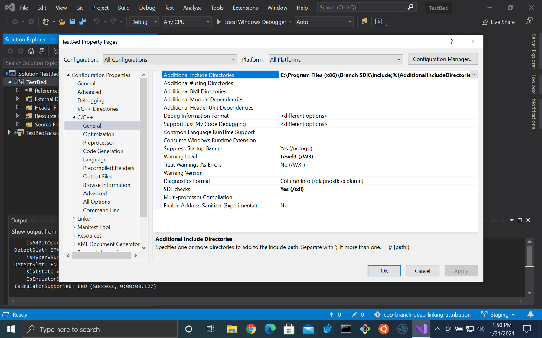 include-path.png C/C++ General property page with the Branch SDK include folder in Additional Include Directories