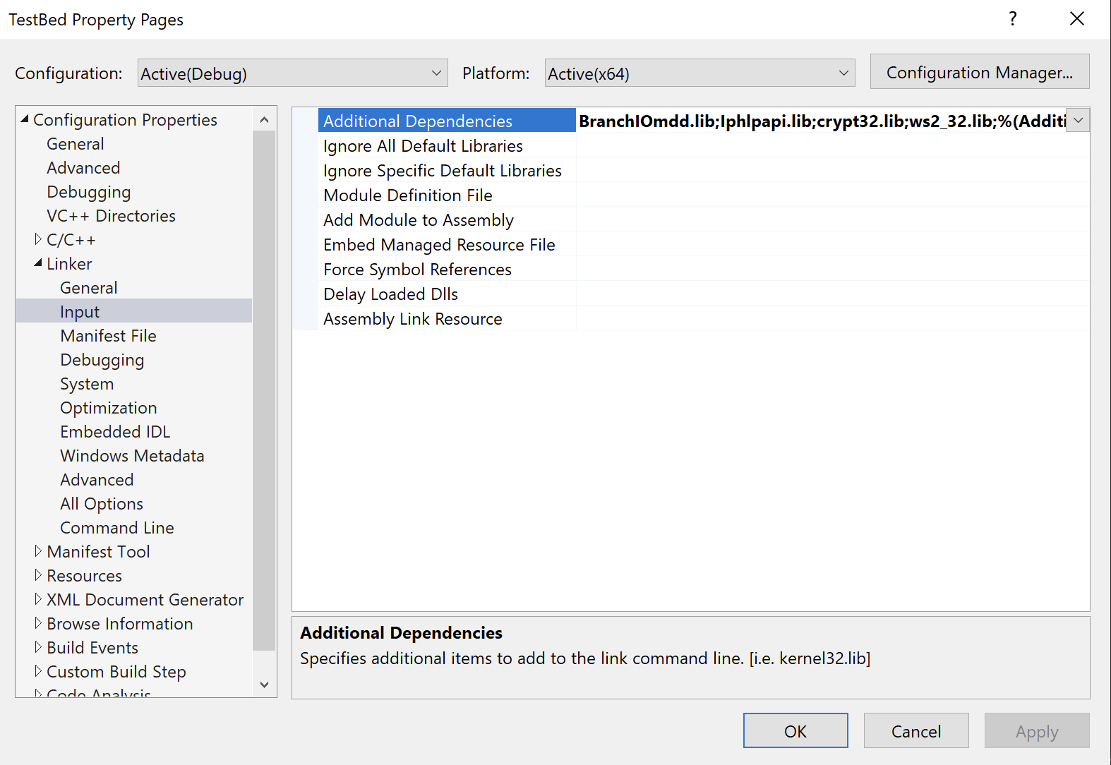 testbedpropertypages.png Linker Input property page with the Branch and Windows libraries in Additional Dependencies