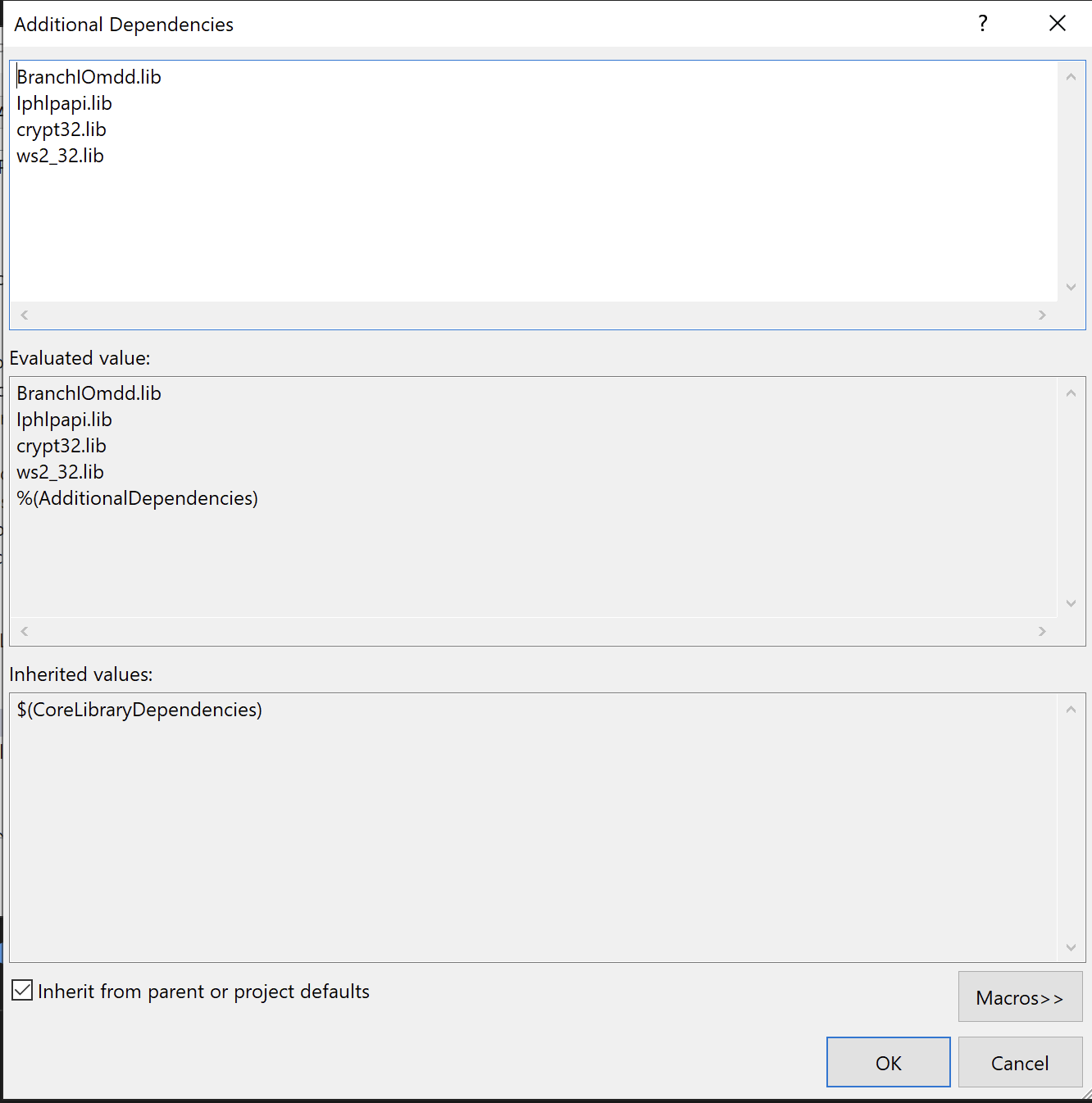 additionaldepdencies.png Additional Dependencies dialog listing BranchIOmdd.lib, Iphlpapi.lib, crypt32.lib, and ws2_32.lib
