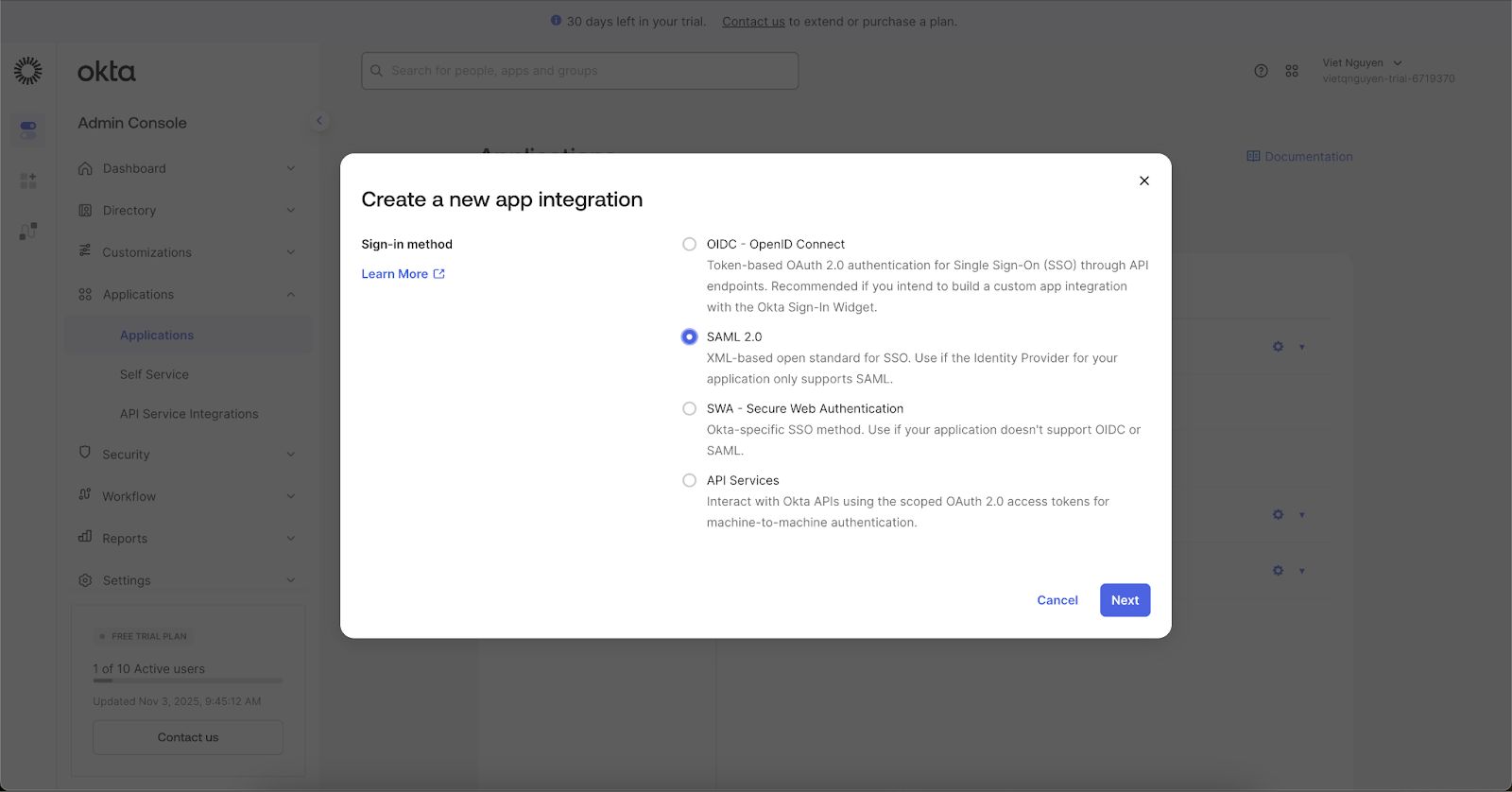 Creating a new app integration in Okta to use with Branch for SSO.