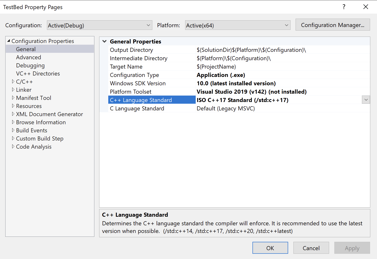 updatec++.png Visual Studio property pages with C++ Language Standard set to ISO C++17 Standard
