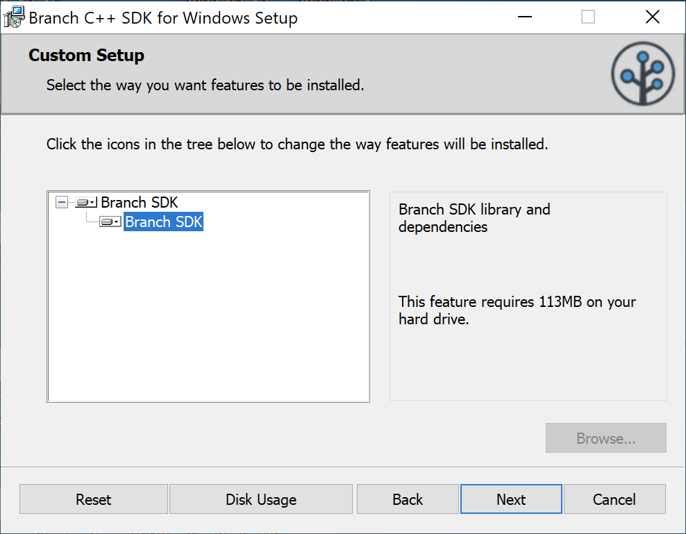 windowssetup.png Branch C++ SDK for Windows Setup wizard on the Custom Setup screen