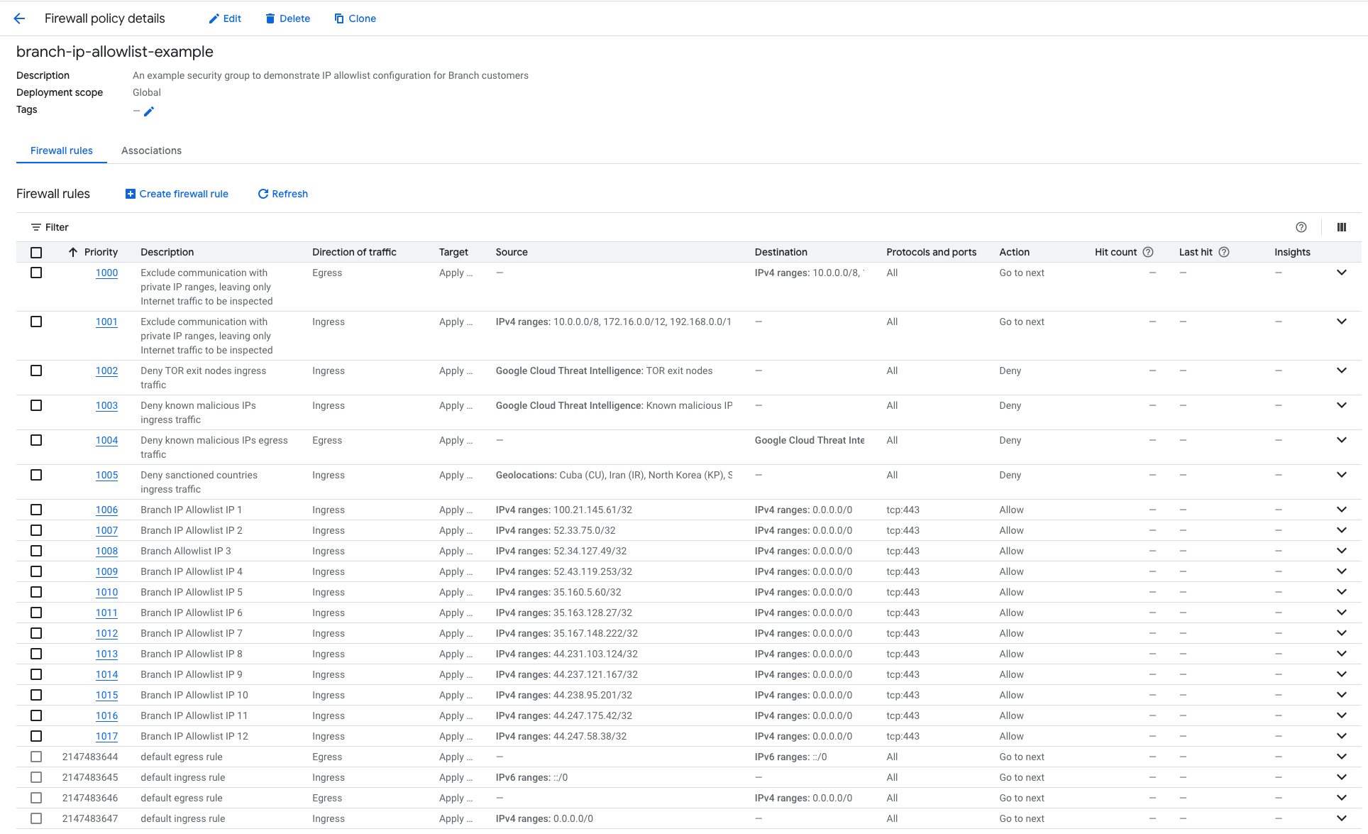 GCP firewall policy details showing various rules and their configurations for postbacks.