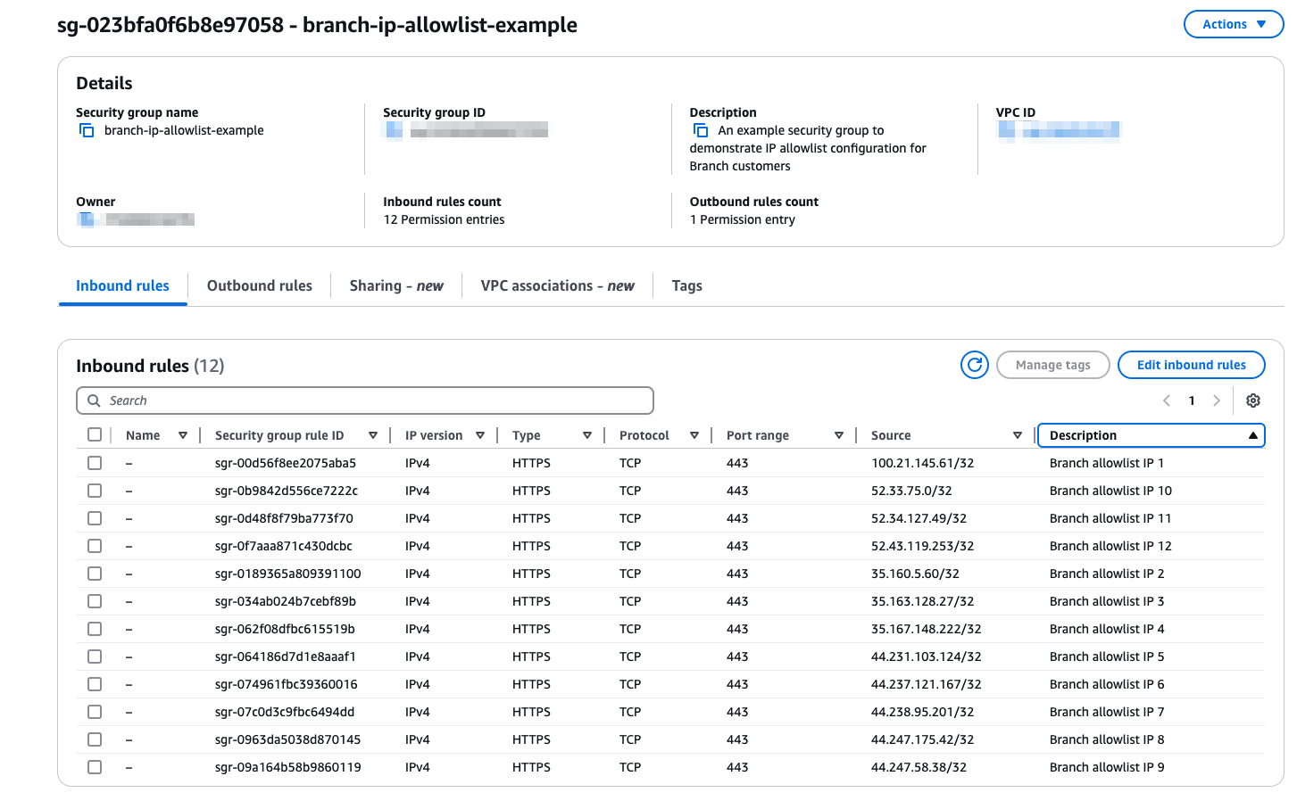 AWS security group details showing inbound rules and IP allowlist configurations for postbacks.
