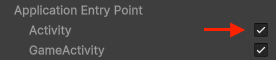 Highlighted checkbox for Activity under Application Entry Point in a settings menu.