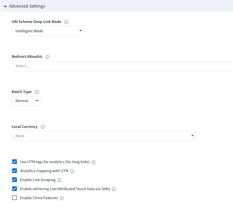 Settings options for URI scheme deep link mode and analytics features configuration.