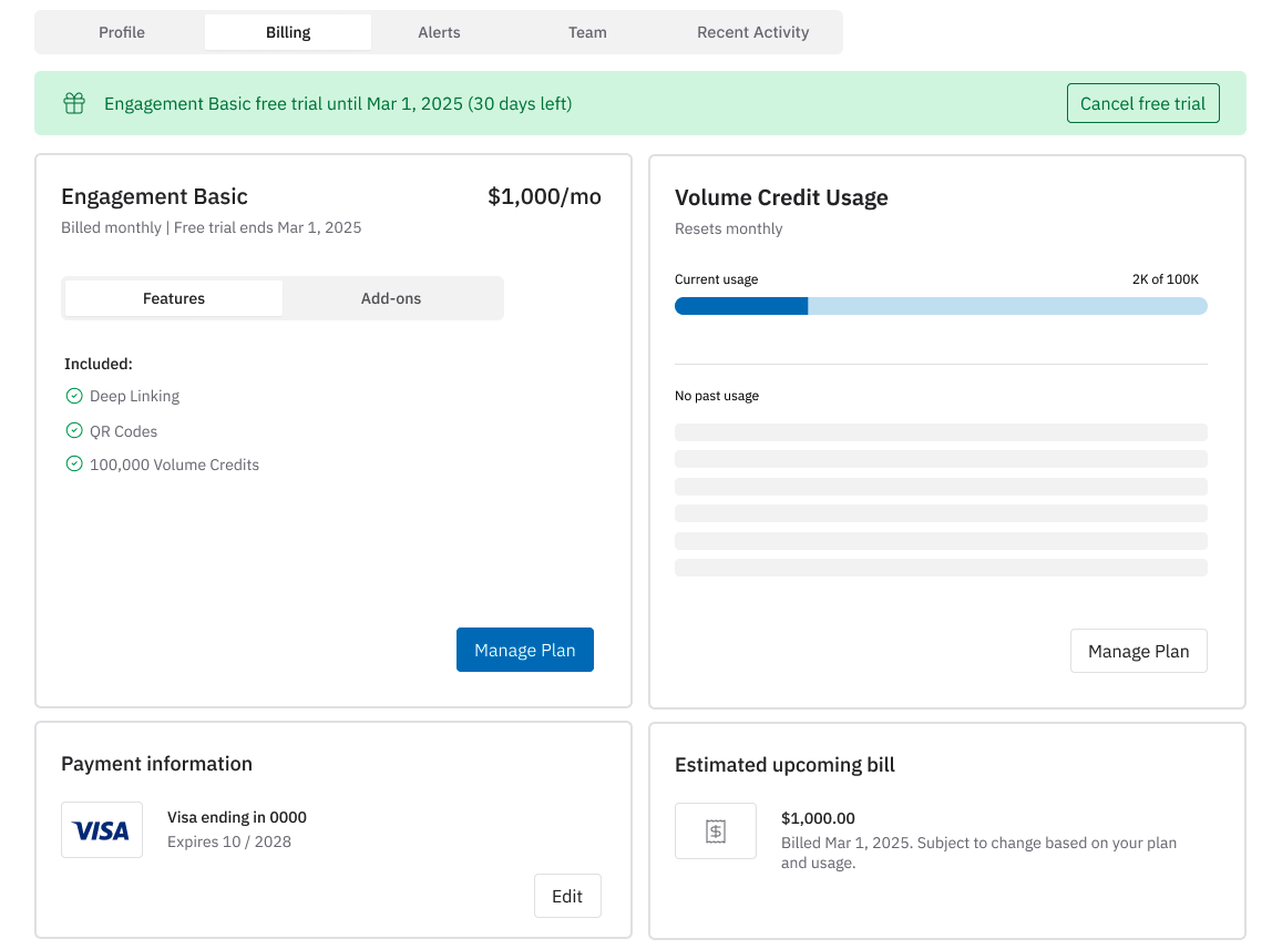 Billing details for Branch plan, including features and credit usage information.