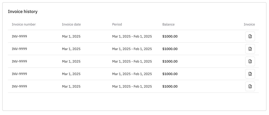 Invoice history for a Branch account showing multiple entries with consistent balance and invoice details.