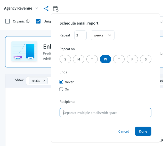 Scheduling an email report with options for frequency and recipients in the Branch Dashboard.