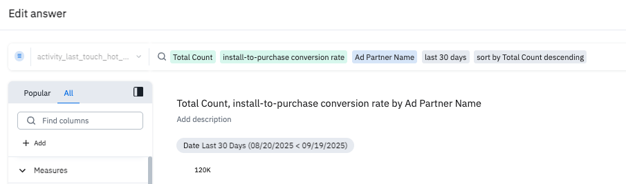 Branch Analysis data for total count and conversion rates for ad partners over the last 30 days.
