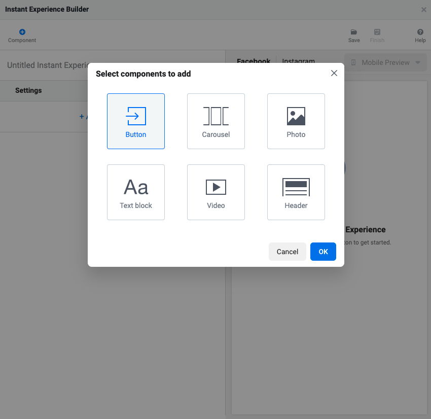 Interface for adding components in Instant Experience Builder, including buttons and text blocks.