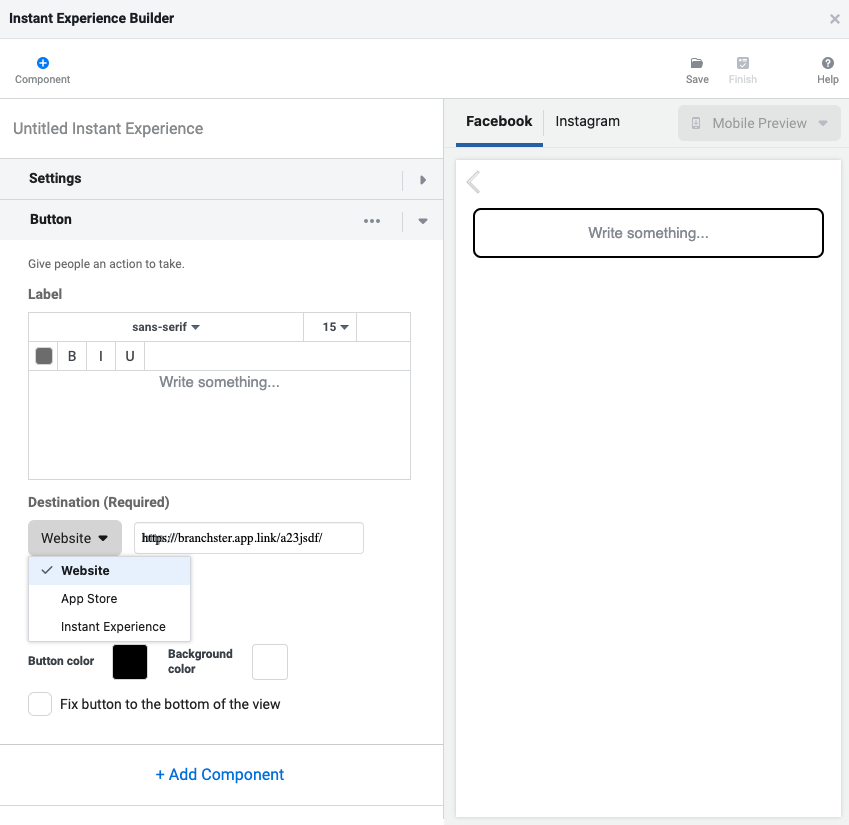 Instant Experience Builder interface showing button settings and destination options.