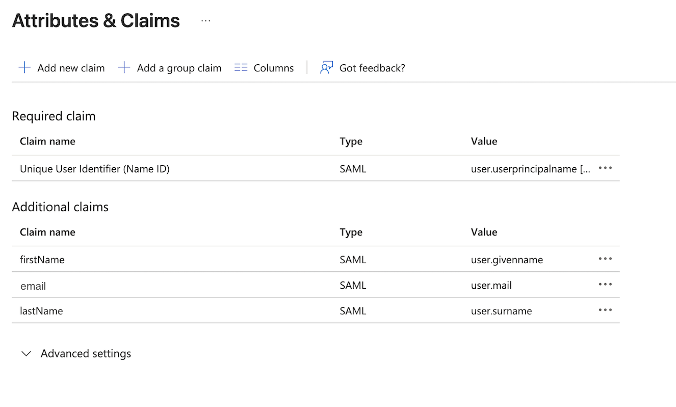 Attributes and claims settings for user identification and additional claims in SAML for Branch SSO configuration using Microsoft Entra ID.