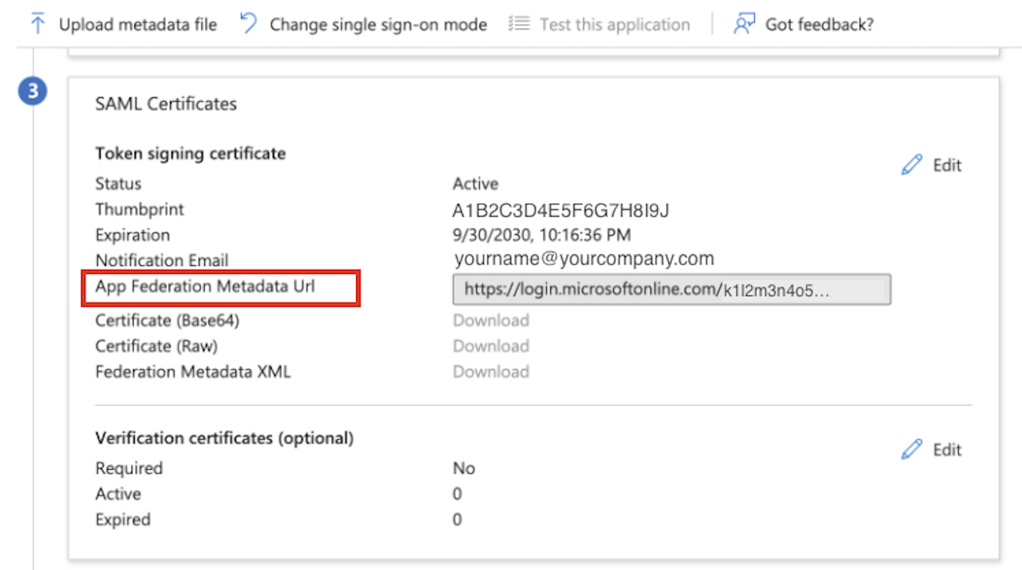 SAML certificate details including App Federation Metadata URL for Branch SSO configuration using Microsoft Entra ID.