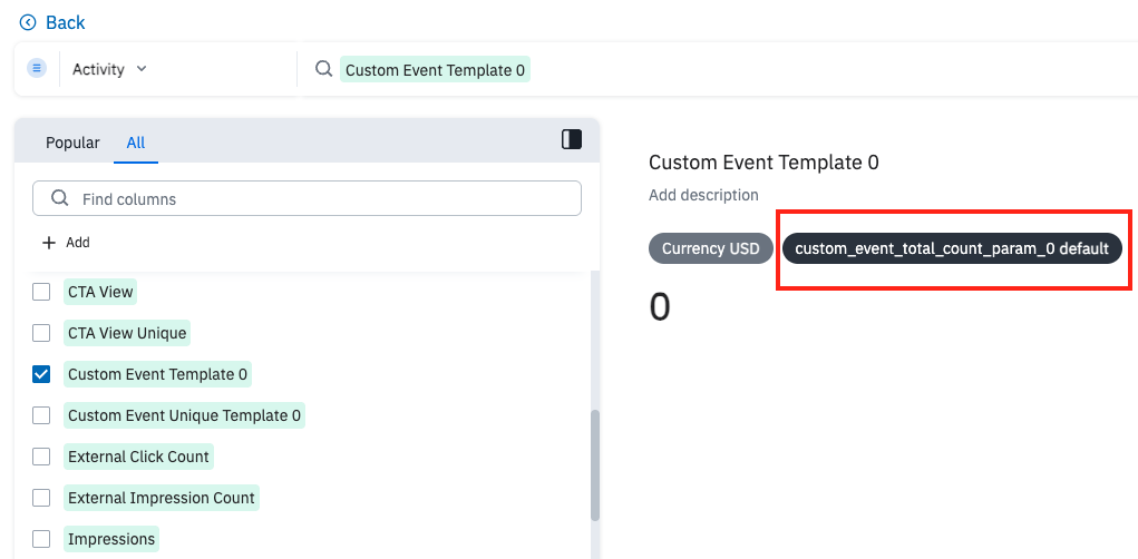 Branch Custom Event template with highlighted parameter and currency details displayed on the Analysis Dashboards interface.
