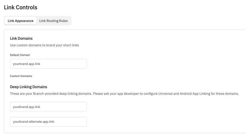 Settings for Branch domain link controls including domains for branding and deep linking.