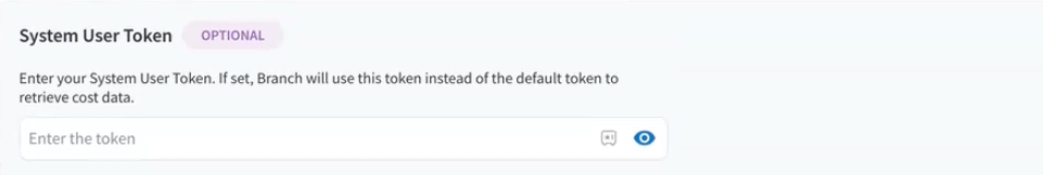 Input field for entering a System User Token in Branch for Meta Ads.