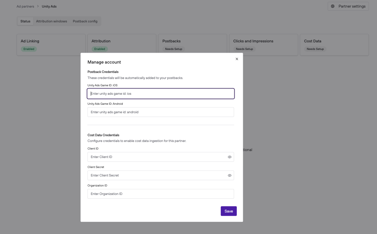 Manage account settings for Unity Ads, including postback credentials and cost data.