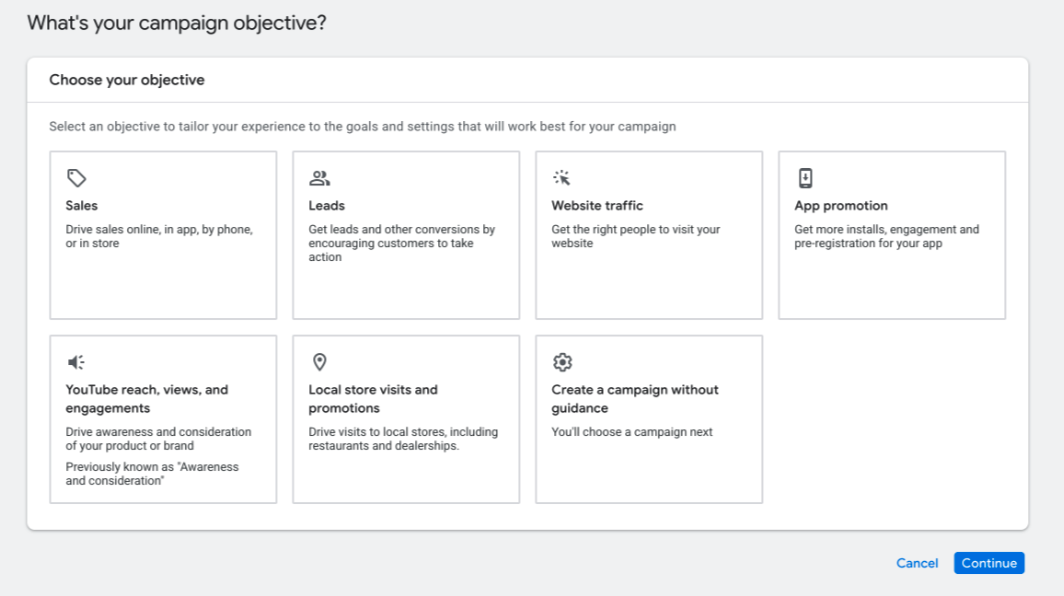 Select your campaign objective in Google Ads from options like sales, leads, and website traffic.