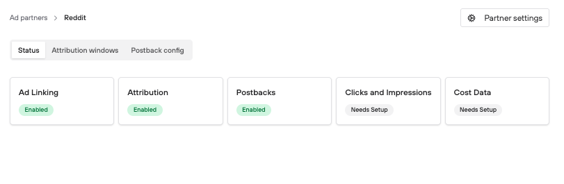 Reddit ad partner settings in Branch showing enabled and needs setup statuses for various options.