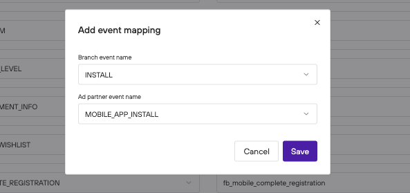 Event mapping interface showing Branch and ad partner event names for mobile app installation.