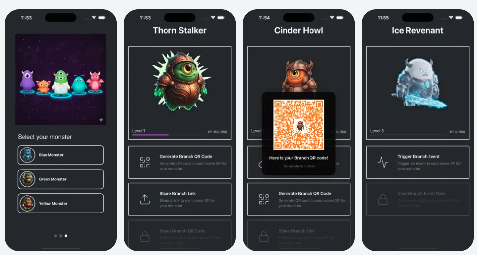 Branch Monster Factory selection screen with QR code for generating experience points.