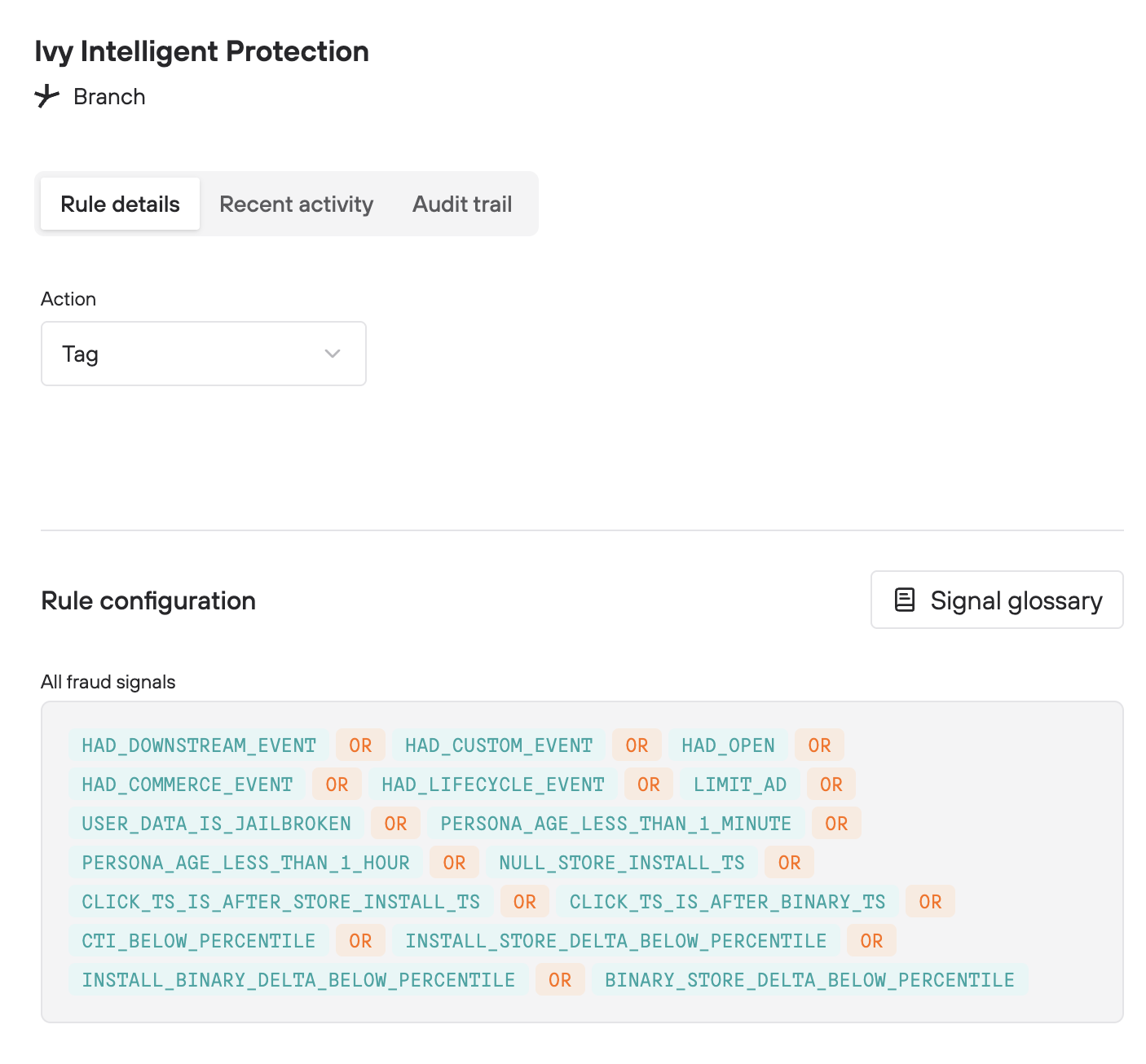Branch's Ivy Intelligent Protection rule configuration for detecting fraud signals in applications.