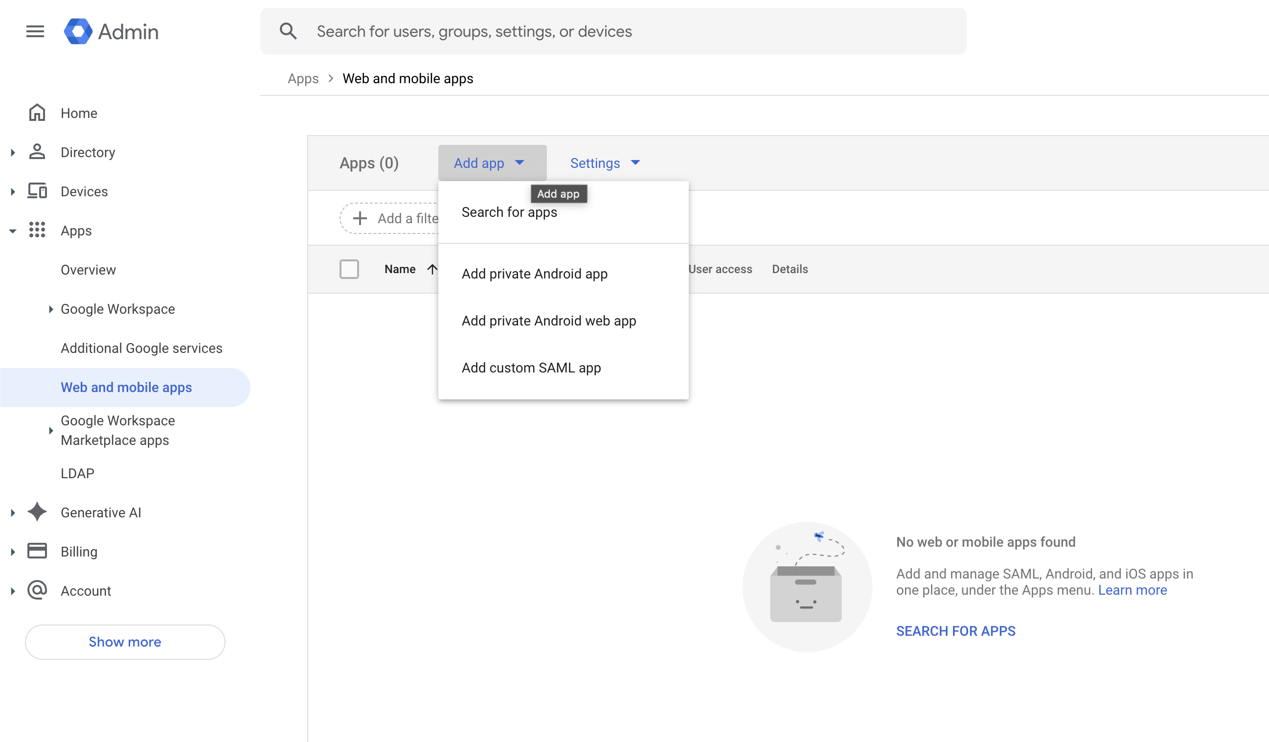 Set up a SAML app in Google Admin for Branch SSO configuration.