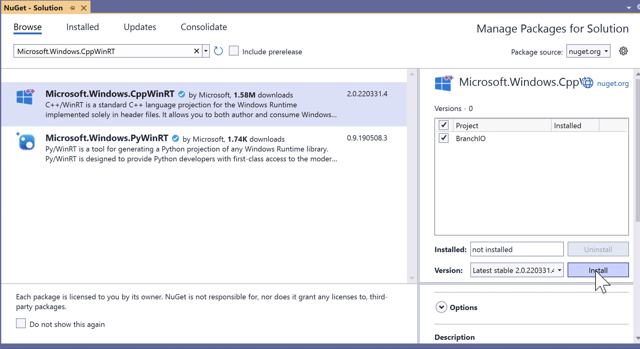 VisualStudio2019.png NuGet package manager in Visual Studio with Microsoft.Windows.CppWinRT selected and the Install button highlighted
