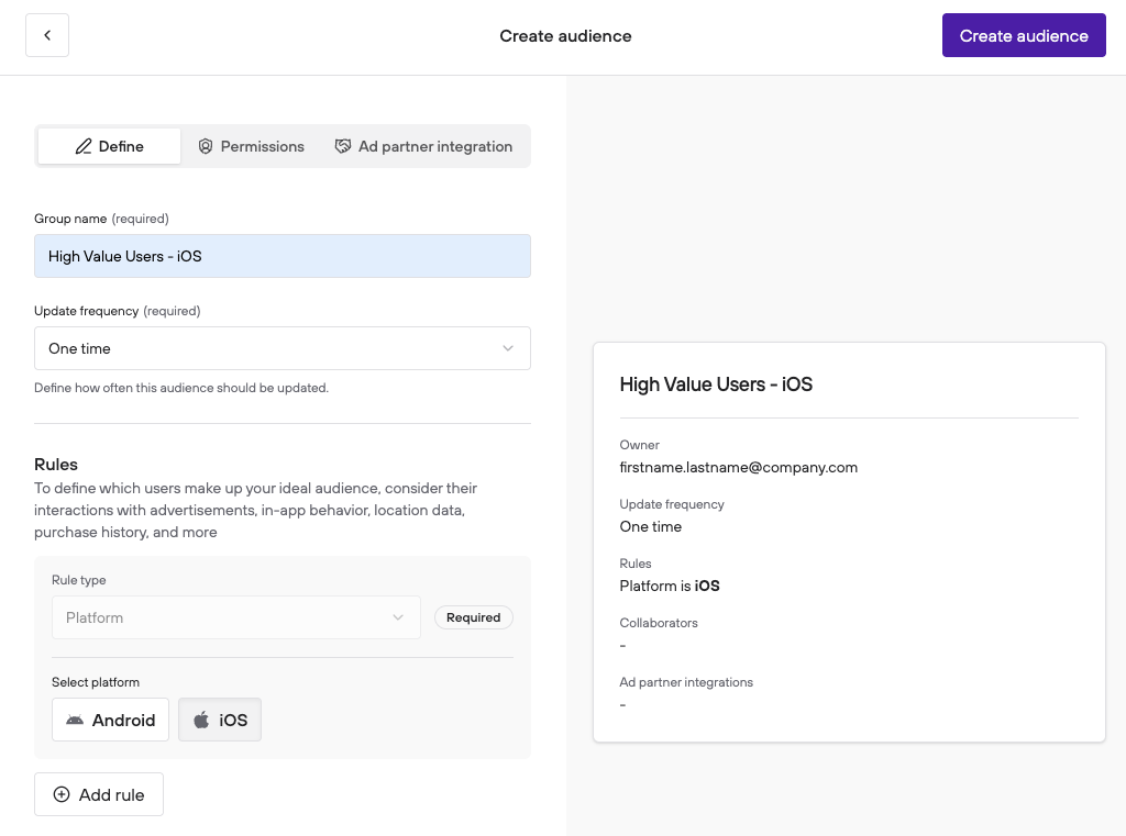 The Define tab of the Create audience page, with a preview of the audience on the right.