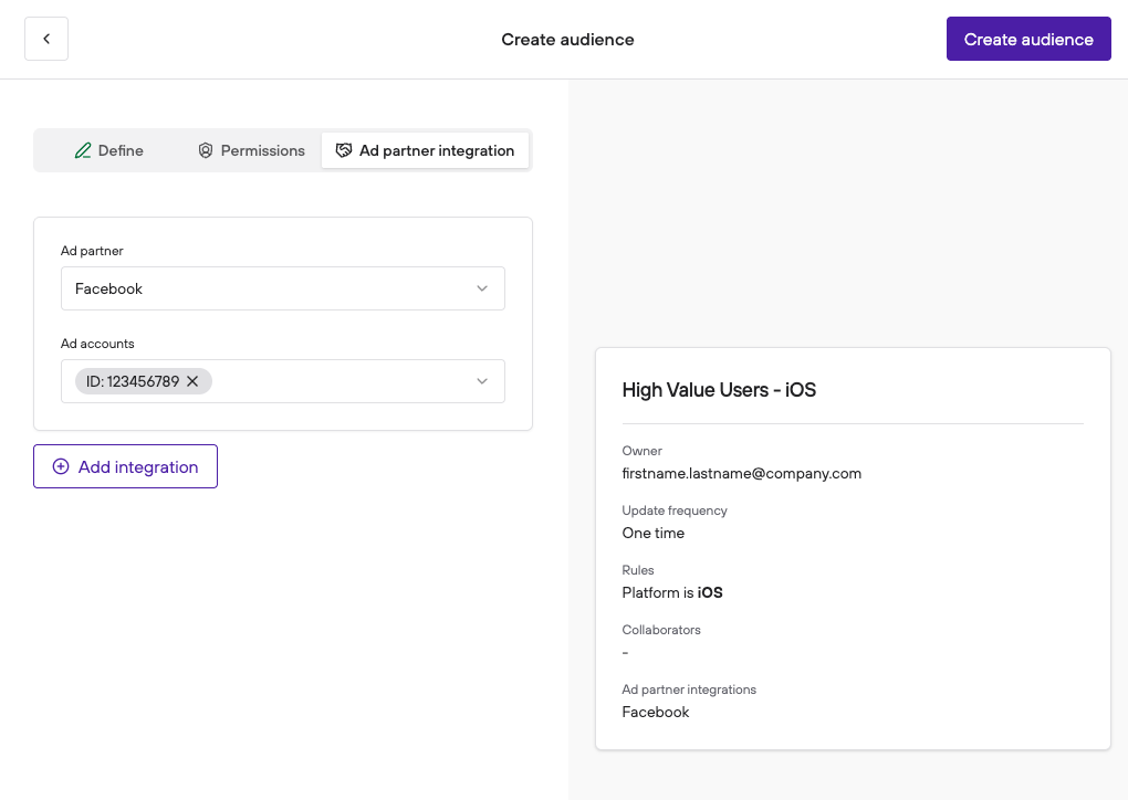 The Ad partner integration tab, with Facebook selected as the ad partner and one ad account.