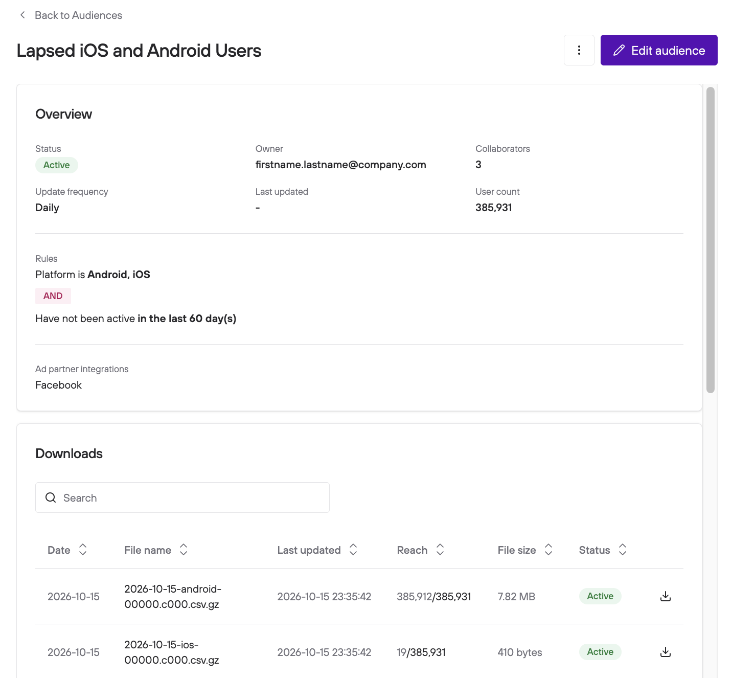 The View page for an audience, showing the Overview and Downloads cards.