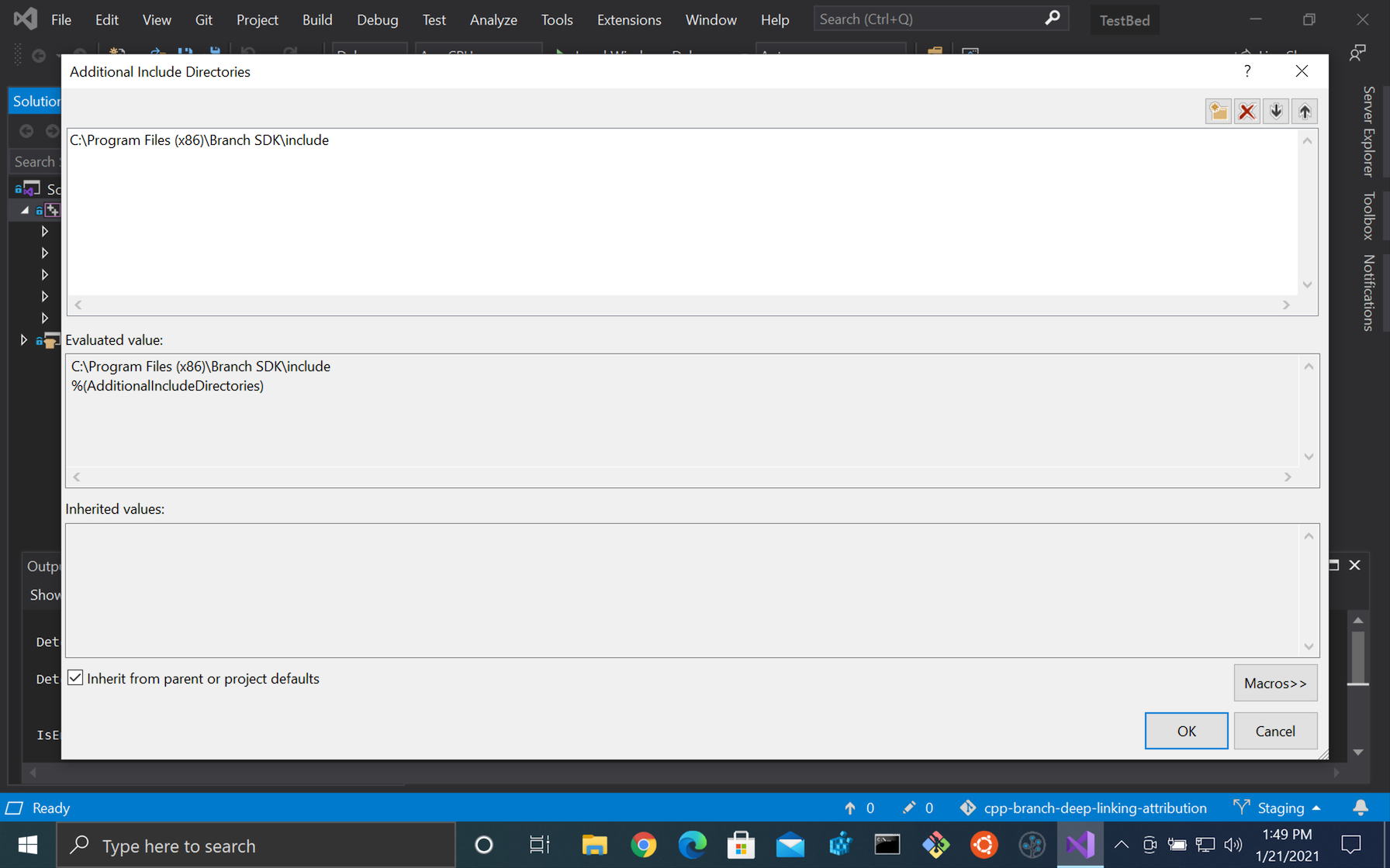 include-path-detail.png Additional Include Directories dialog with the Branch SDK include folder added