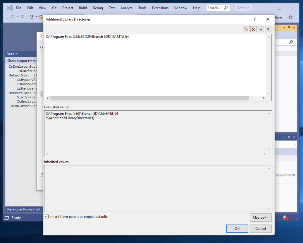 lib-path-detail.png Additional Library Directories dialog with the Branch SDK MTd_64 lib folder added