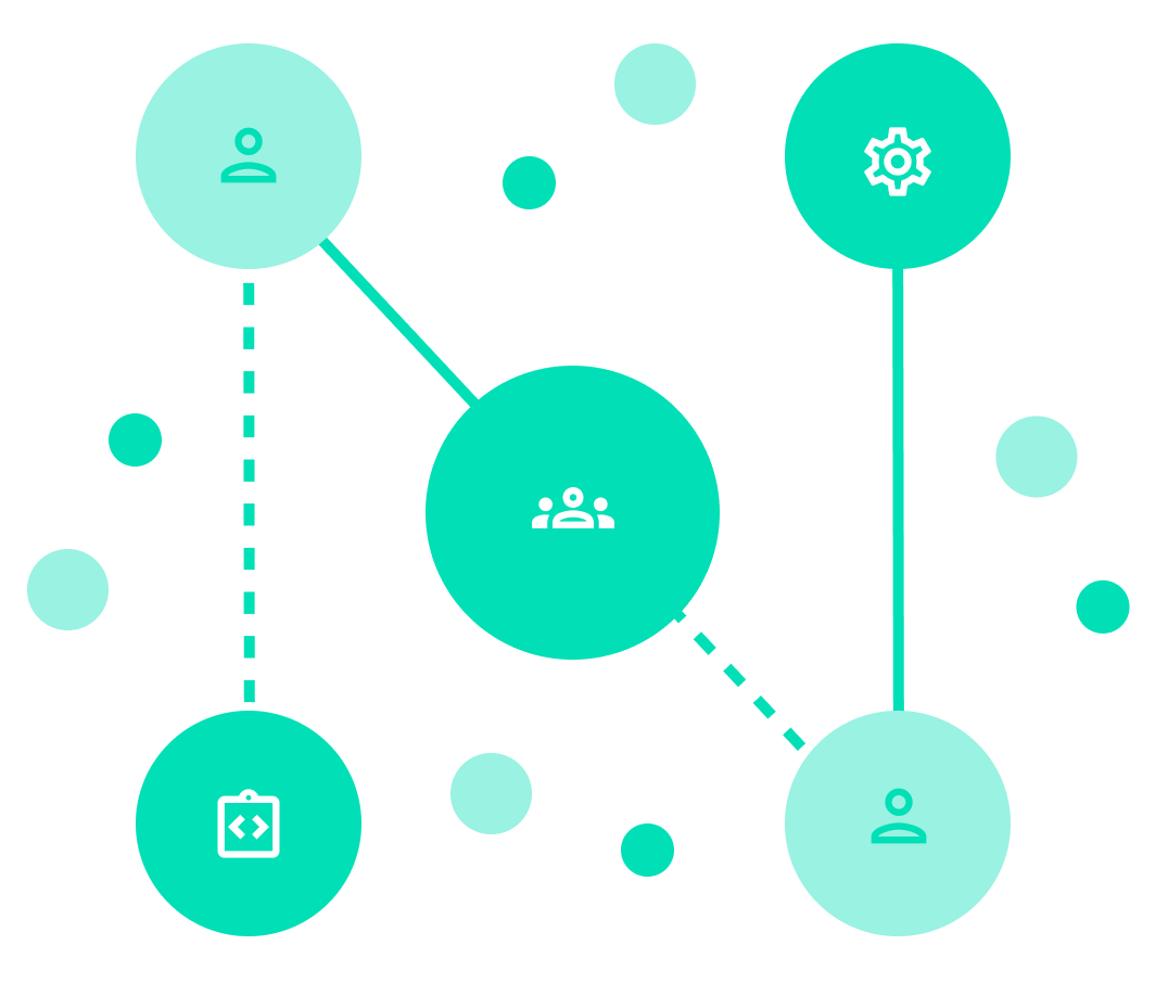 A central figure connects various elements representing users and settings in a network.