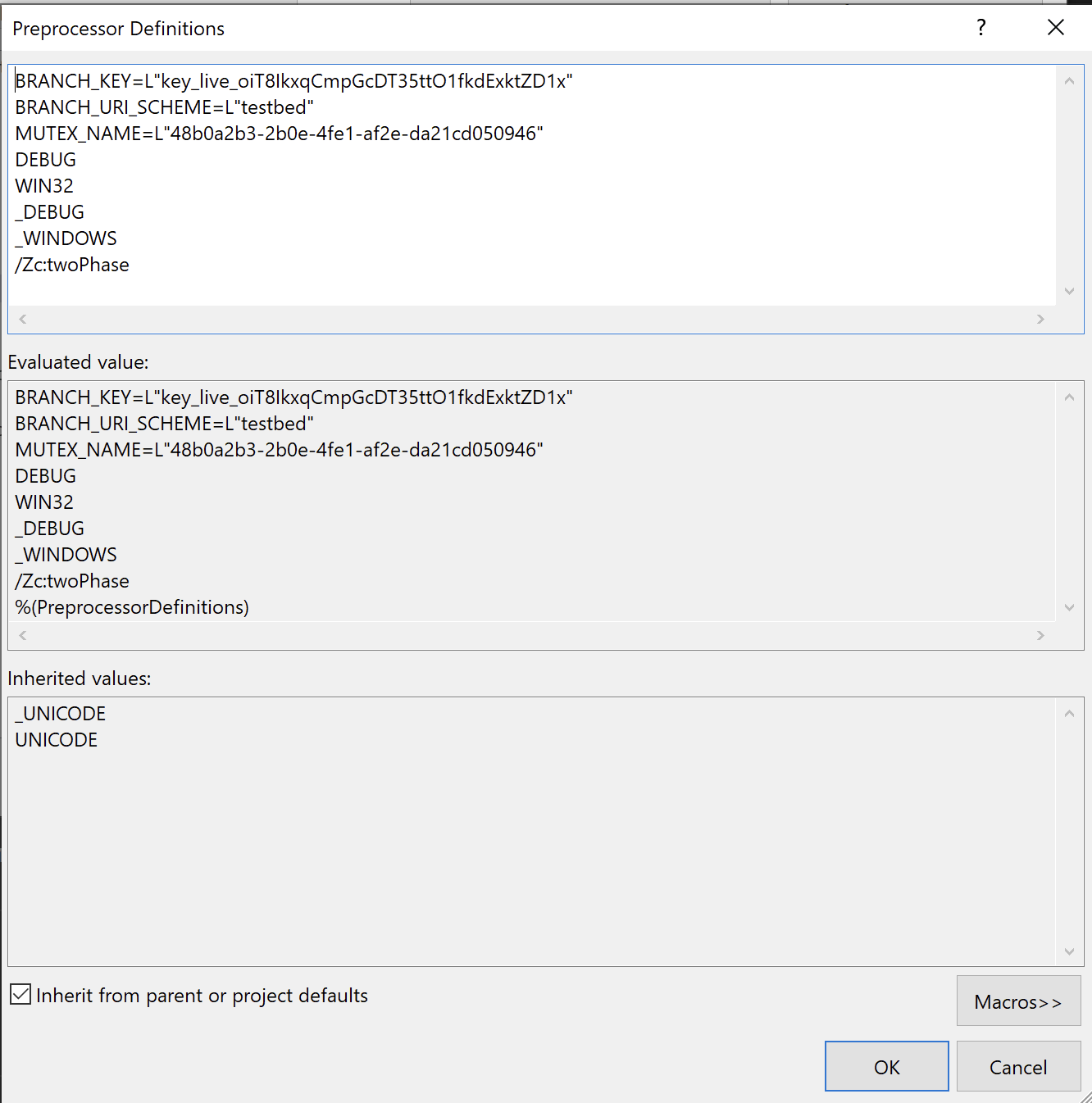 preprocessordefinitions.png Preprocessor Definitions dialog with DEBUG defined alongside the Branch key and URI scheme