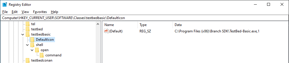 reg2.png Registry Editor showing the testbedbasic DefaultIcon key pointing to TestBed-Basic.exe