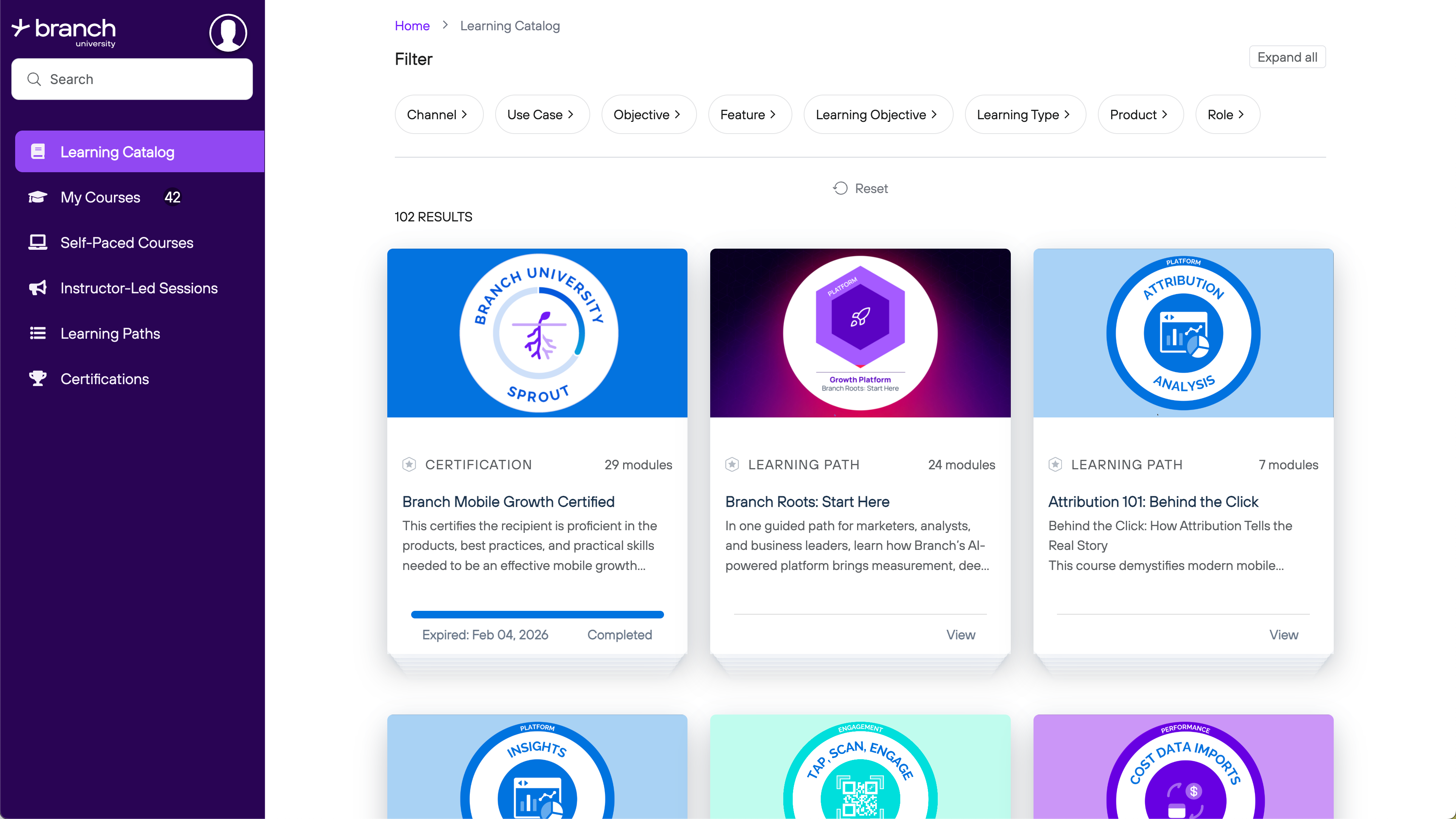 Branch University learning catalog showcasing various courses and certifications available for users.