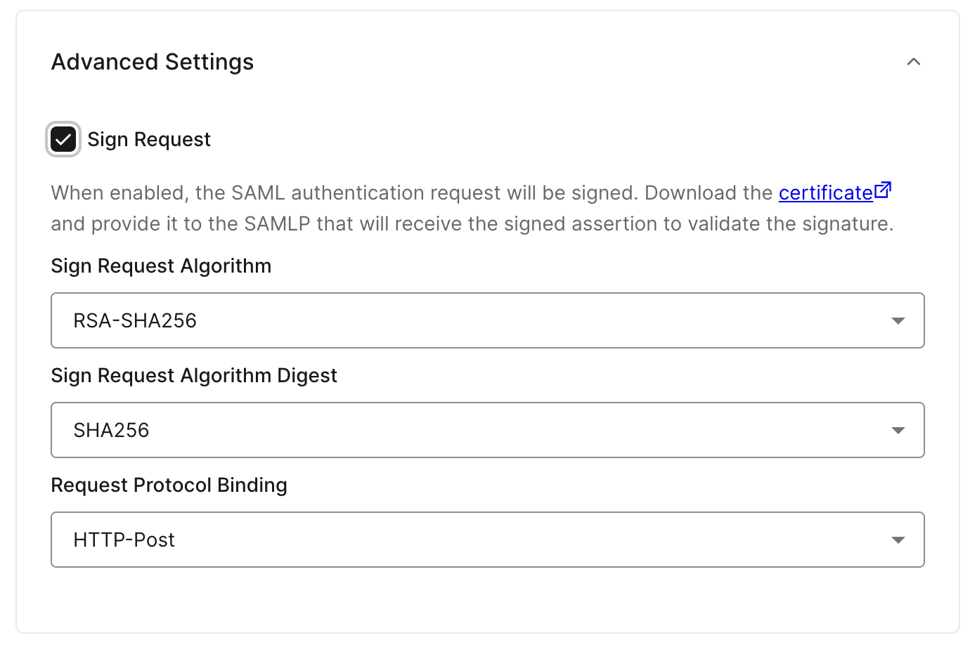 Branch settings for SAML authentication request signing and algorithm selection options displayed.