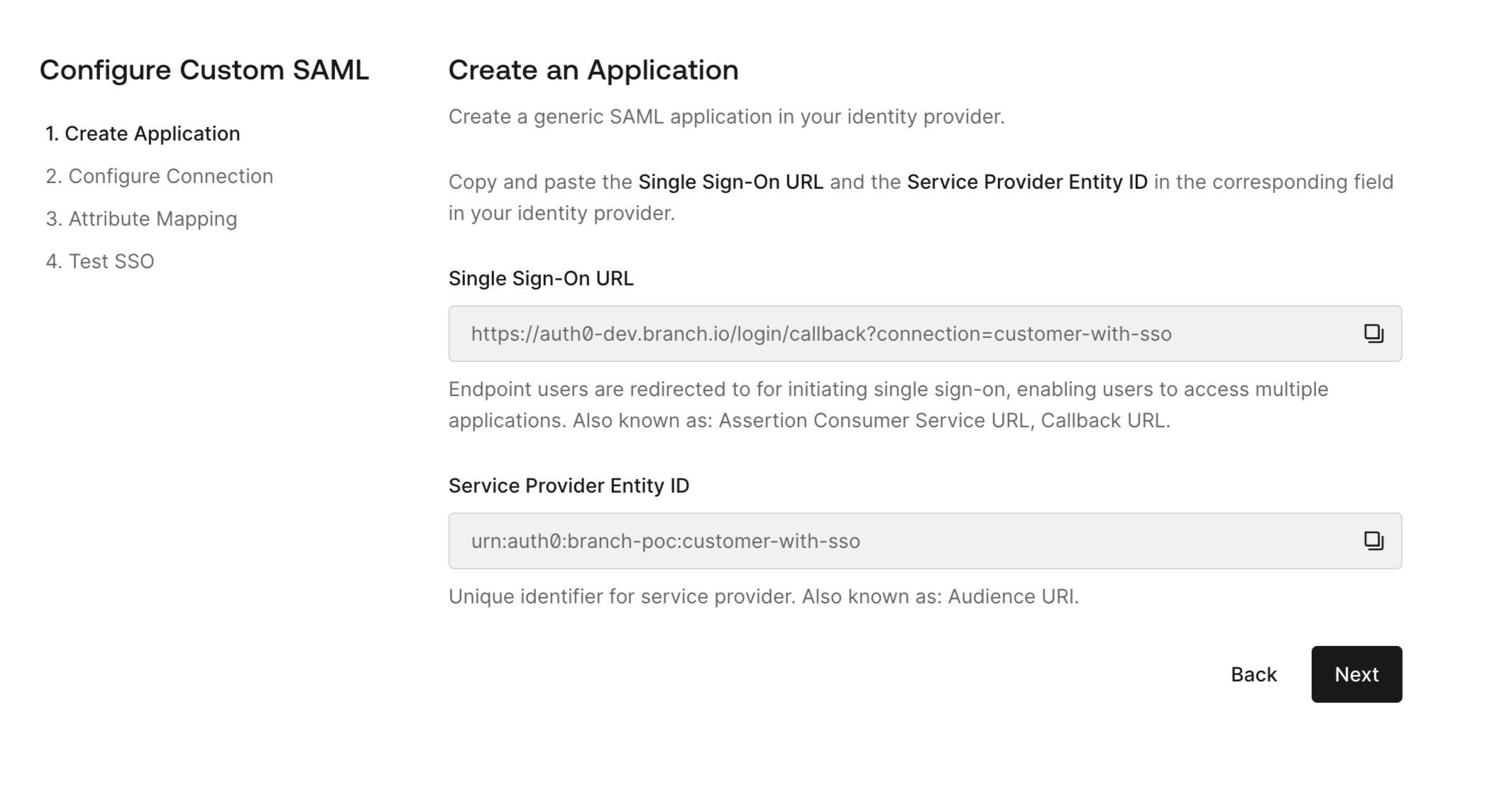 Branch configuration settings for SAML application including Single Sign-On URL and Entity ID.