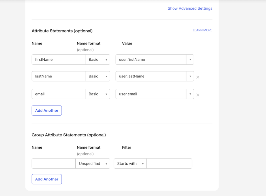 Okta Admin Console displaying user attribute statements and group settings options.