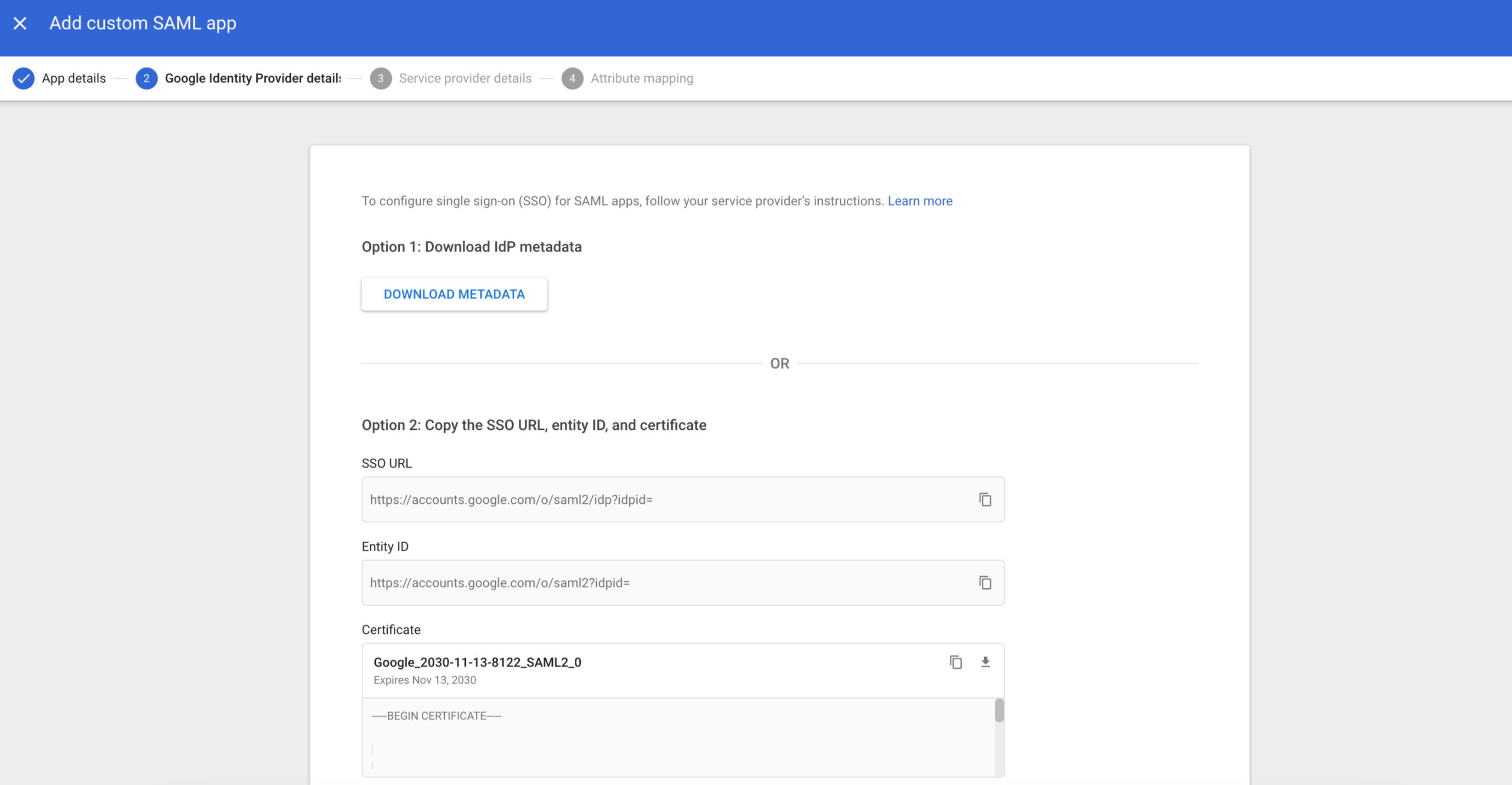Configure SAML app in Google with SSO URL, entity ID, and certificate details for Branch SSO.