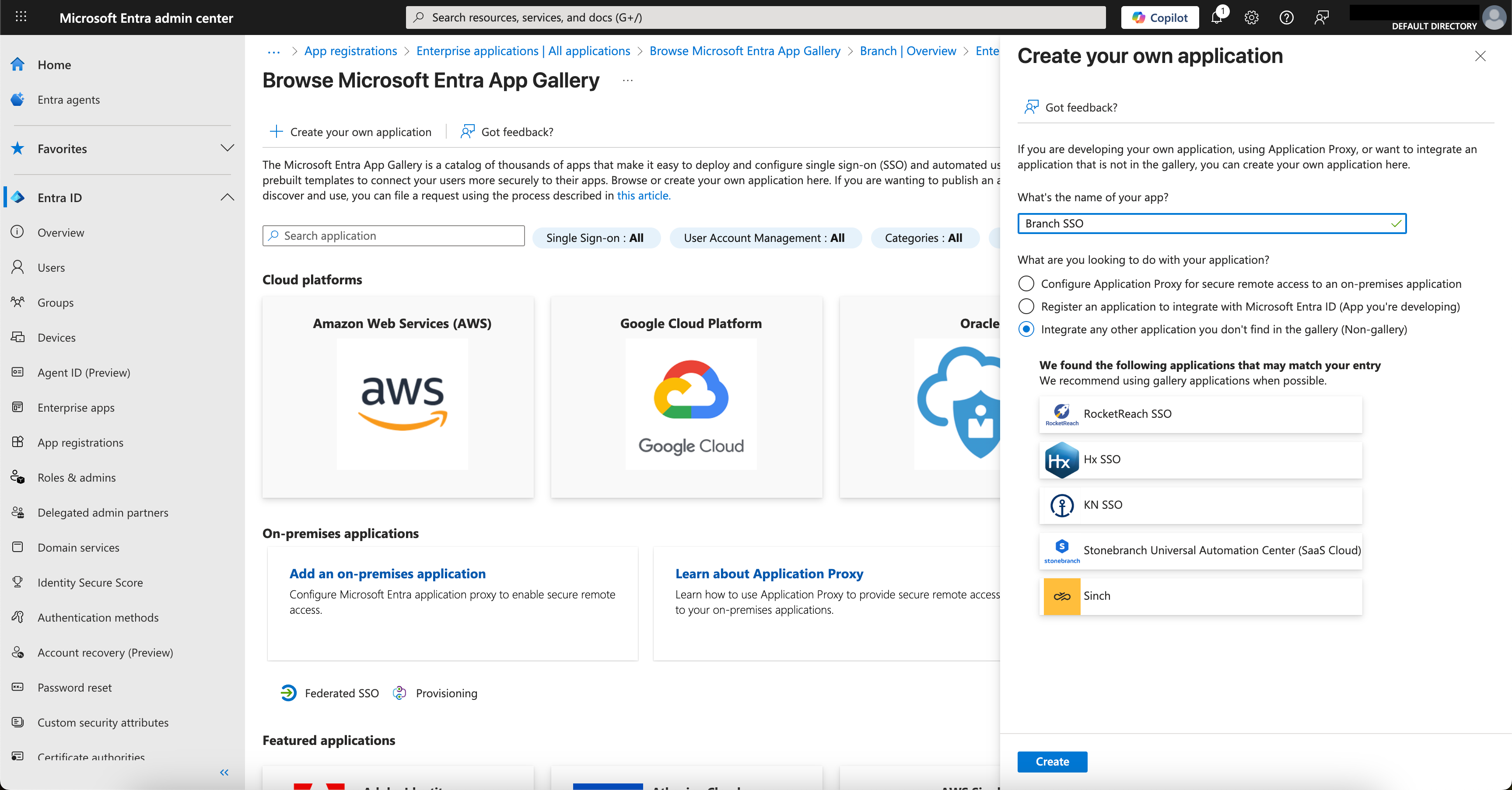 Creating an enterprise application for Branch SSO configuration using Microsoft Entra ID in the Azure portal.