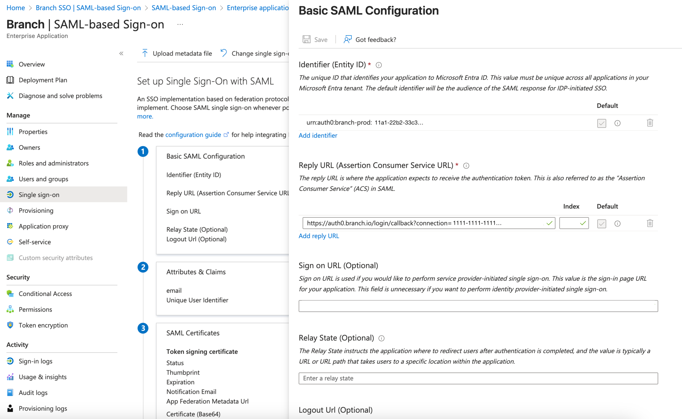 Basic SAML configuration settings for an enterprise application for Branch SSO using Microsoft Entra ID.