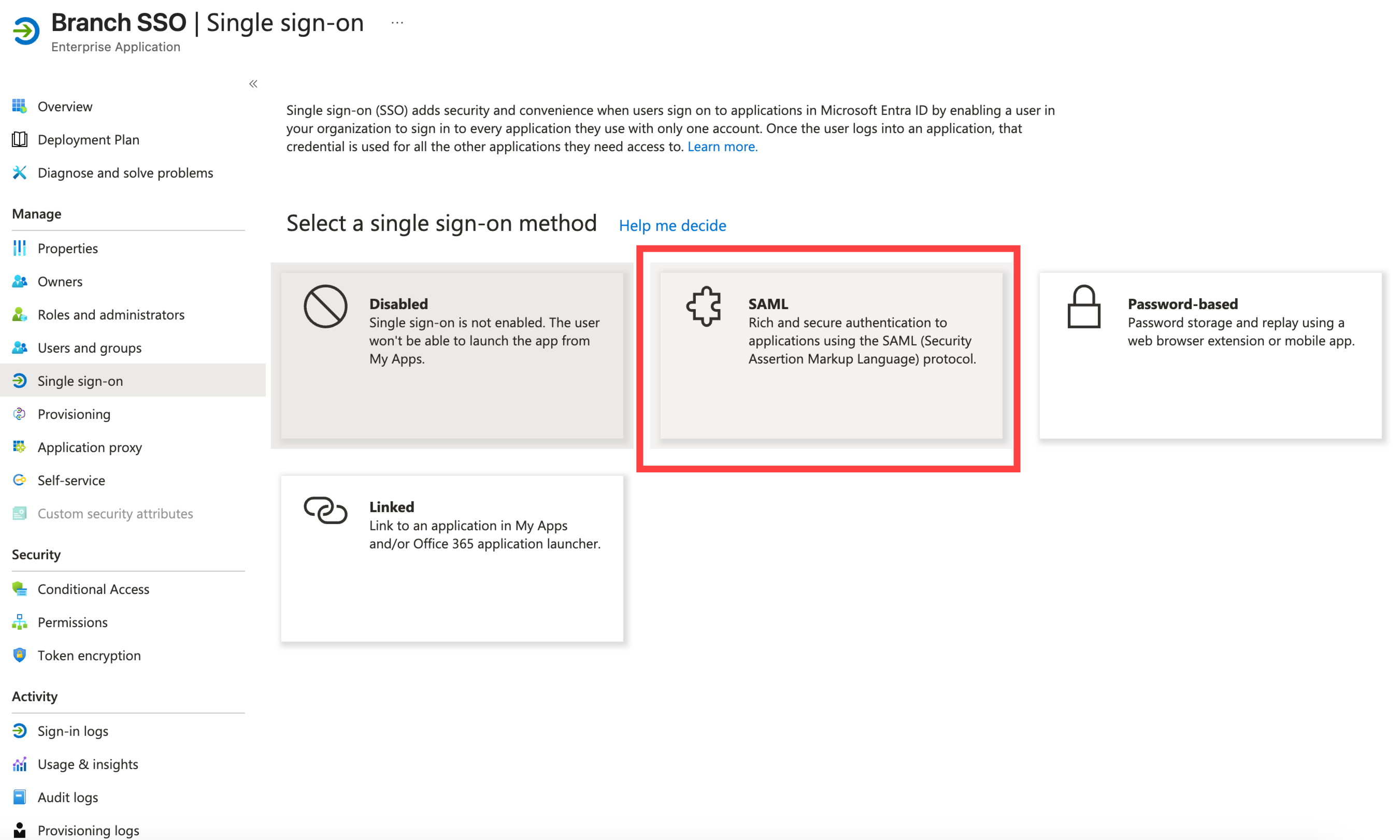 Configure SAML settings for a Branch enterprise application using Microsoft Entra ID.
